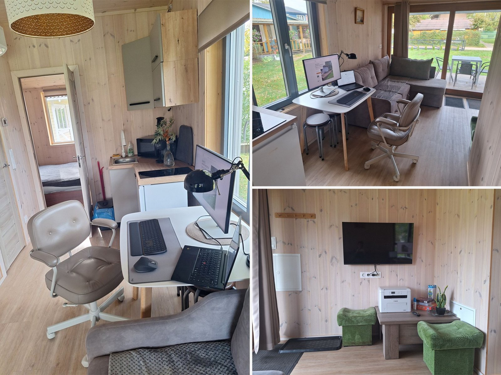 Darbo vieta apartamentuose: stalas su monitoriumi, ergonomiška kėdė, televizorius ir spausdintuvas